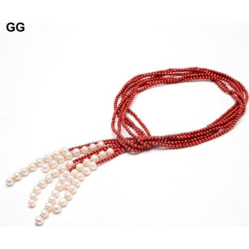 GG Jewelry 3 Rows 4mm Red Coral Cultured White Pearl Lariat Long Sweater Chain Necklace Bracelet Earrings Sets For Women