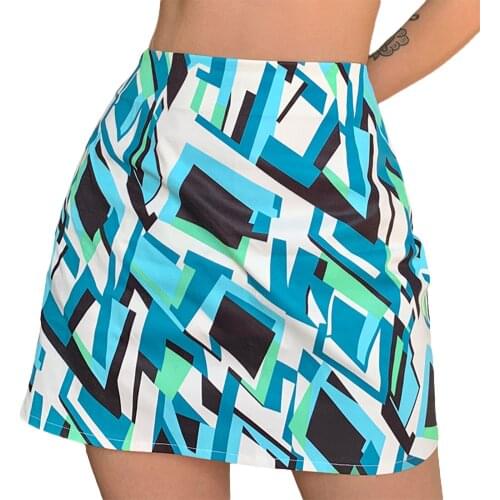 Summer Womens Bodycon Mini Skirts, Trendy Geometric Print High Waist Zip Up A-Line Short Skirts