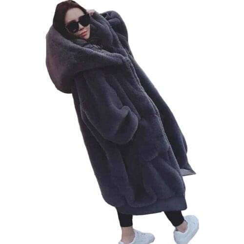 Vogue Women Winter Warm Coat High Quality Imitate Rabbit Fur Hooded Jacket New Pop Lady Elegant Loose Long Fur Overcoat G055