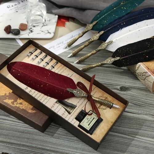 Calligraphy feather pen set retro gift ink pen dipped in water metal pen set birthday gift box