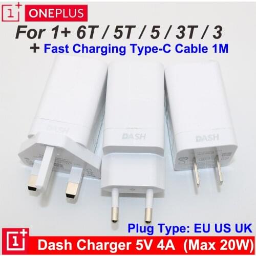 EU/US/UK 5V/4A Original ONEPLUS Dash charger 20W Fast Charging 1M Type-C Dash Cable Wall Power Adapter For Oneplus 6T 5T 5 3T 3