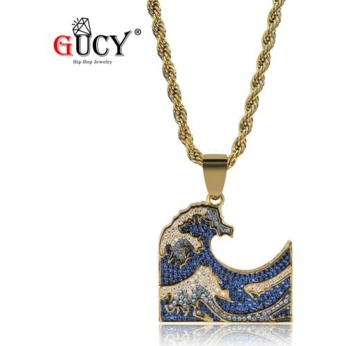 GUCY The WavesPendant Necklace Gold Color Iced Out Micro Pave Cubic Zirconia Stones Hip Hop Pendants & Necklaces for Men Women