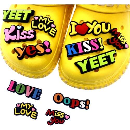 100PCS Wholesale Cartoon English Phrases Shoes Charms PVC Soft Croc Jibz Decoration Wristband Accessories For Kids Party Gifts