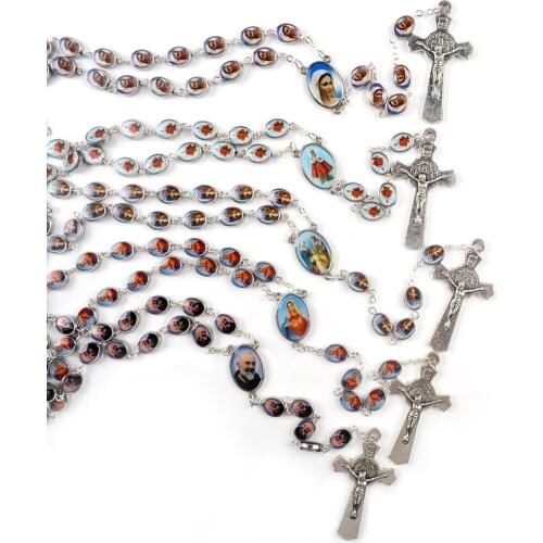 Religious Rosary Necklace Color Catholic Figures Oval Beads Holy Family St Pio