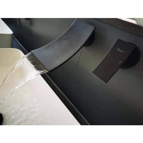 Newest top quality black brass waterfall bathroom sink faucet wall mounted cold hot water basin mixer faucet with Embedded box