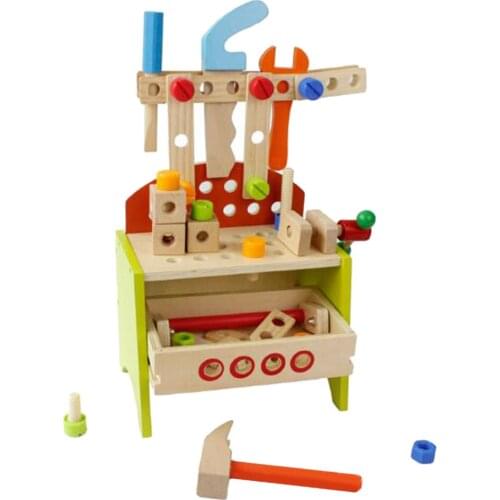 Toddler Workbench with Tools Accessories Playset, Wooden Building Set Hammer Toy, Safe Water Printed