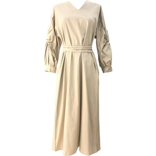 PERHAPS U Autumn Korean Casual Apricot Lantern Sleeve Long Sleeve Ruched A-line Midi Shirt Dress D1841