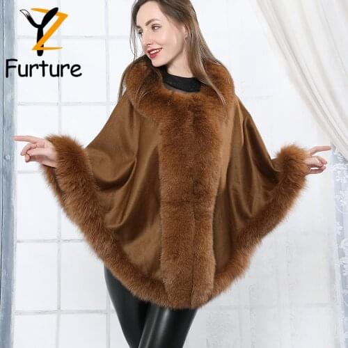 Winter Women Luxury Cashmere Shawl Coat With High Quality Genuine Fox Fur Collar Warm Wool Cashmere Capes Bat Design Robe Coats