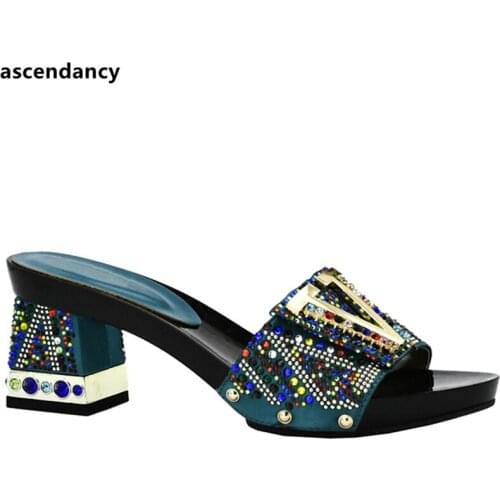 New African Style Women Shoes Rhinestone Women Sandals Square Heel Party Summer Shoes Woman High Heels Sandals with Rhinestone