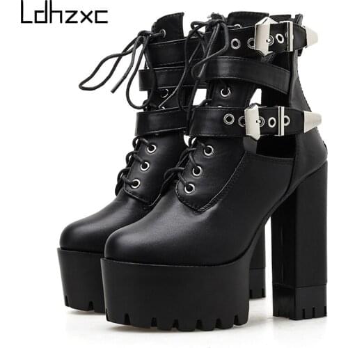 LDHZXC 2020 Platform ankle Boots Women Gothic Black Leather Utral High Heels Shoes Sexy Metal Buckle Nightclub Shoes winter