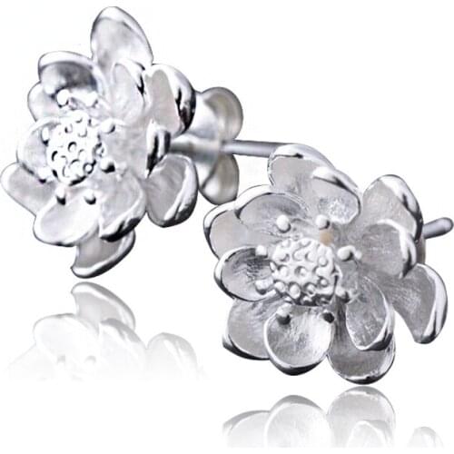 Indian Religious Jewelry Retro Plated 925 Sterling Silver Lotus Flower Stud Earrings Womens Stud Earrings Fashion Party Jewelry