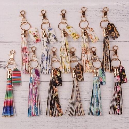 Rainbery 2021 Multicolor Monogram Leather Tassel Women Keychain Bag Pendant Alloy Car Key Chain Ring Holder Retro Jewelry
