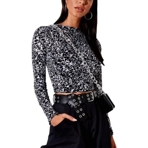 Women Sexy Backless Leopard Printed Top Girls Long Sleeve Halter Skinny Blouse Female Spring Summer Shirt