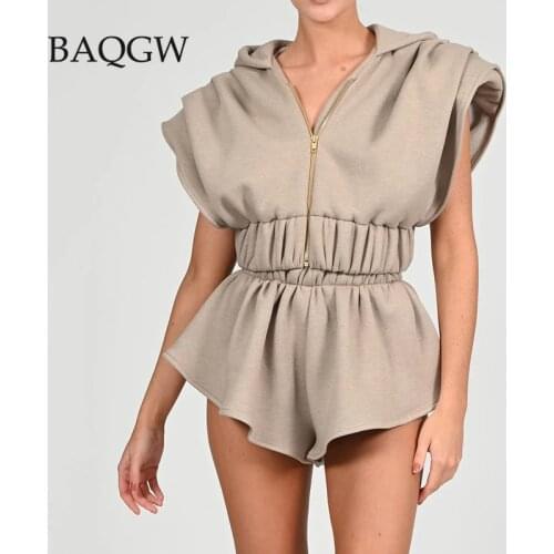 Hooded Two Piece Set for Women Solid Zipper Sleeveless Crop Top Ruffles Shorts Ladies 2021 Summer Vintage Elegant Sets Fashion