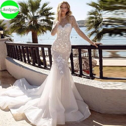 2021 Wedding Dress Boho Mermaid Vestidos De Novia Sexy Robe Mariage Long Sleeve Lace Appliques Sweep Train Bride Gown Trouwjurk