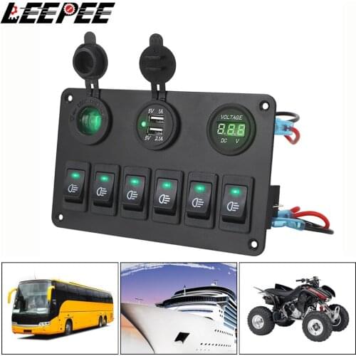 6 Gang Rocker Switch Panel Car Marine Circuit Breaker ON/OFF Lights LED Digital Voltmeter DC 12V/24V For Car Marine RV SUV Yacht