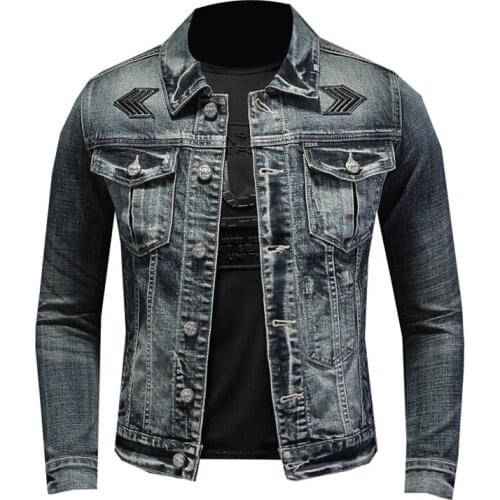 Retro stretch denim jacket slim pocket denim jacket high street pilot blue streetwear