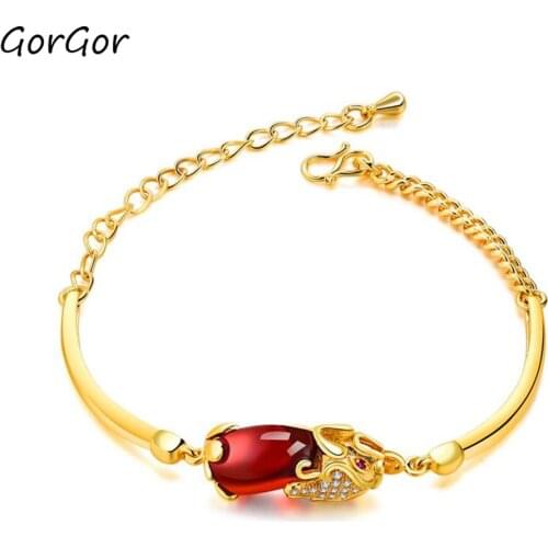 GorGor Bracelets Women Copper Material Pattern Brave Troops Pendant Mosaic Red Man-made Stone Gold Exquisite Jewelry BS-520