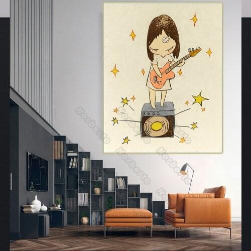 Canvas Painting Wall Poster Japanese Artist Yoshitomo Naras Workpiece a Little Girl Playing The Guitar for Home Rooms Wall Deco