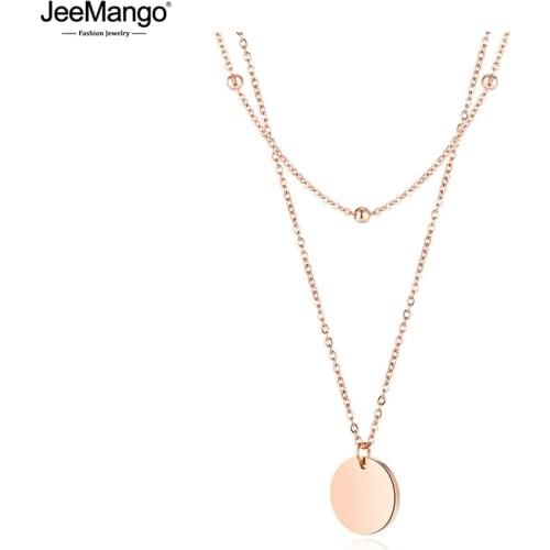 JeeMango Trendy Stainless Steel Double-layer Small Round Bead Chain Glossy Round Pendant Clavicle Necklace For Women JN17092