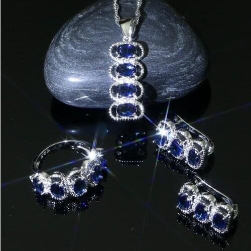 Blue Stones 925 Silver Jewellery Jewelry Sets for Bridal Wedding Gift Stud Earrings Pendant Rings Necklace Set