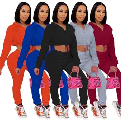 Active Wear Workout Two Piece Set for Women Long Sleeve Stand Neck Drawstring Crop Top and Sweatpant Casual Loungewear Outfits