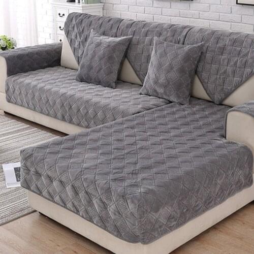Short Plush Grey Color Sofa Towel Brief Thicken Quilted Sofa Cover Slip Resistant Couch Cover 1/2/3-seater Sofas for Living Room