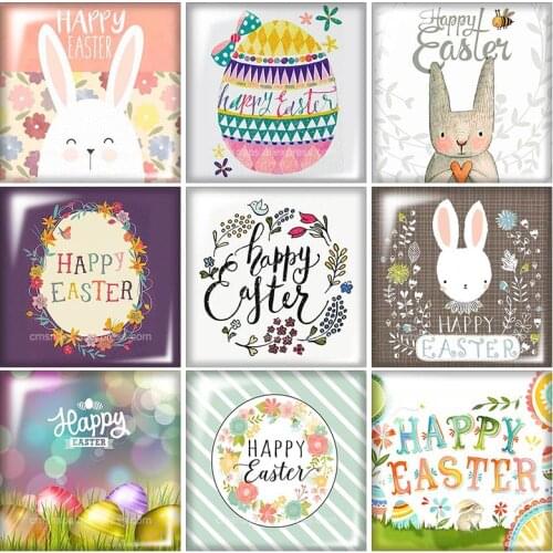 Beauty Happy Easter Sunday Rabbit Square glass cabochon mixed 12mm/20mm/25mm/30mm Size flat back DIY Jewelry Findings Components