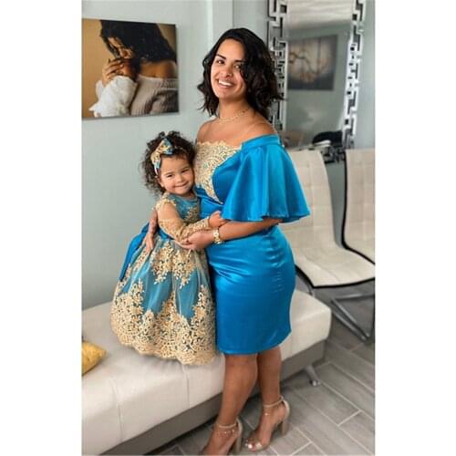 Golden Lace Blue Mother Daugher Birthday Party Dresses Mom Kid Blue Celebration Matching Dresses Custom