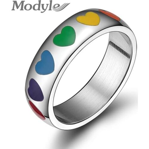 Modyle High quality stainless steel heart shape colorful Rainbow rings for Men for Women never fade gay ring Final Sale price