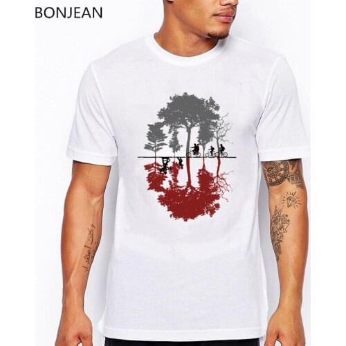 High quality Stranger things 3 t shirt men funny t shirts letters bicycle trees print tshirt homme anime white summer shirt tops