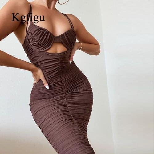 KGFIGU Good Quality Dresses For Women 2021 Summer New Arrival Ladies Sling Hollow Fashion Pleated Elegant Party Sexy Dress