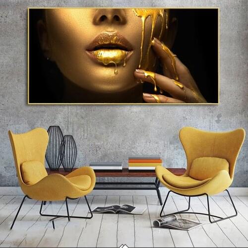 Sexy African Woman Gold Girl Face Canvas Paintings On The Wall Posters And Prints Golden Lips Wall Art Pictures Home Wall Decor