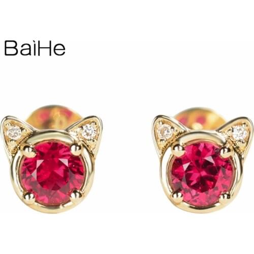 BAIHE Genuine Solid 14K Yellow Gold 0.40ct Round Natural Rubis серьги Trendy Fine Jewelry Wedding Cat Stud Earrings for Women