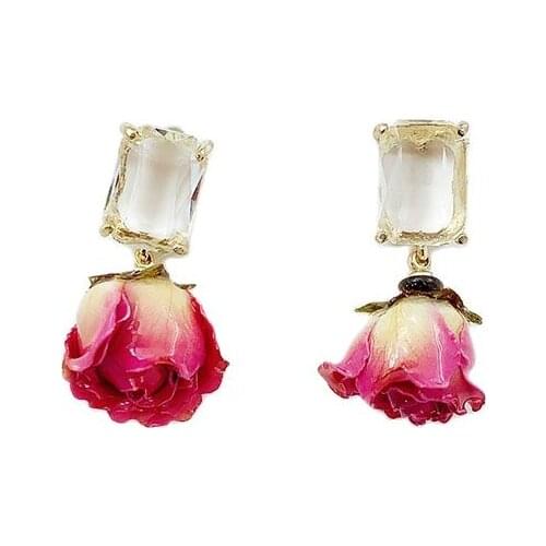 1Pair Natural Dried Flower Earrings Gold Pink Rose Petal Women Drop Earring Party Real Dry Flower Jewelry