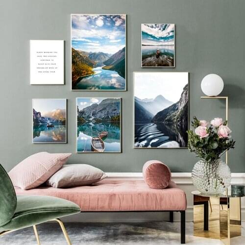 Scandinavian Travel Landscape Canvas Painting Mountain Boat Grass Nordic Poster Print Wall Art Picture Modern Living Room Decor