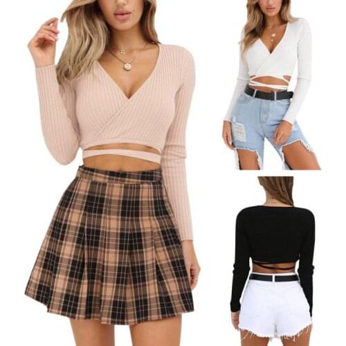 Summer Autumn Tops Sexy Deep V Long Sleeve T-shirt Ladies Crop Top Female Bandage White Black Short All Match Women Tops