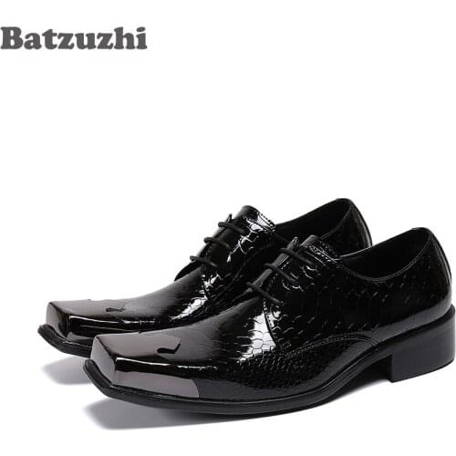 Batzuzhi Handmade MENs Leather Shoes Lace-up Black Genuine Leather Dress Shoes Men Square Metal Toe Business Leather Shoes