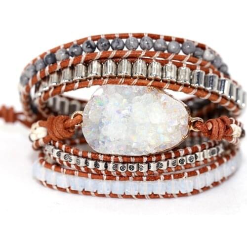 Unique Mixed Natural Stones Quartz Druzy Charm 5 Strands Wrap Bracelets Handmade Druzy boho Leather Bracelet Dropshipping