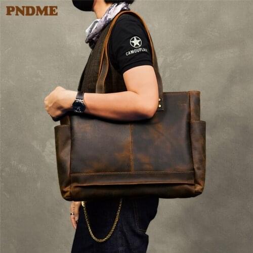 PNDME vintage large capacity genuine leather mens womens tote bag handbag casual luxury cowhide brown shopping shoulder bag