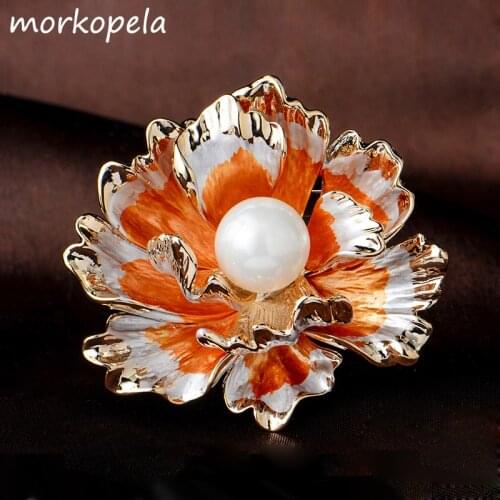 Morkopela Begonia Big Flower Enamel Brooch Pin Fashion Pearls Banquet Pins For Women Luxury Brooches Scarf Clip Jewelry