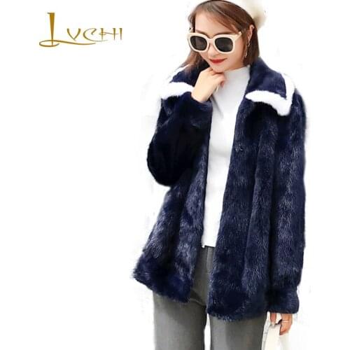 LVCHI Winter 2019 Made In Hai Ning Real Mink Fur Coats Womens Coat Full Pelt Causal Turn-Down Collar Striped Mink Fur Coats