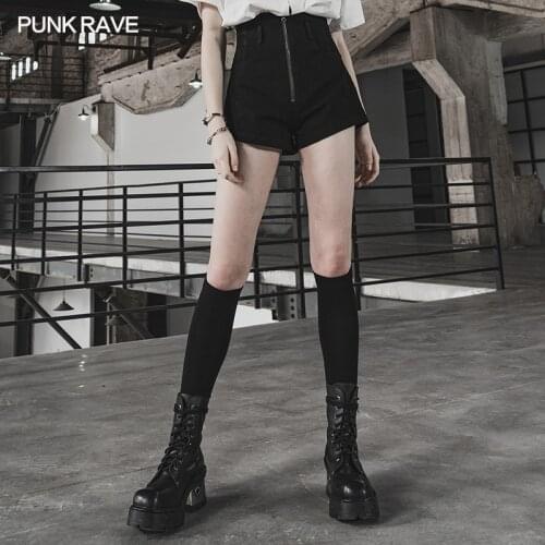 PUNK RAVE Womens Hot Pants with High-waisted Sexy Pocket Design Leather Belt Decoration Non-elastic Pure Cotton Denim Shorts