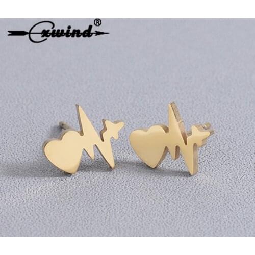 Cxwind Fashion Electrocardiogram Stud Earrings for Women Lovely Heart Beat ECG Stud Earrings Stainless Steel Jewelry brincos