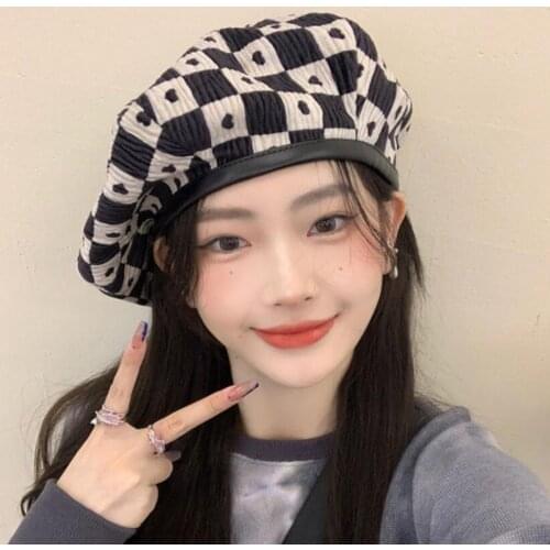 INS Women Red Black Plaid Big Casual Berets Hat New Round Dome Temperament Fashion Tide All-match Spring Autumn Casqute