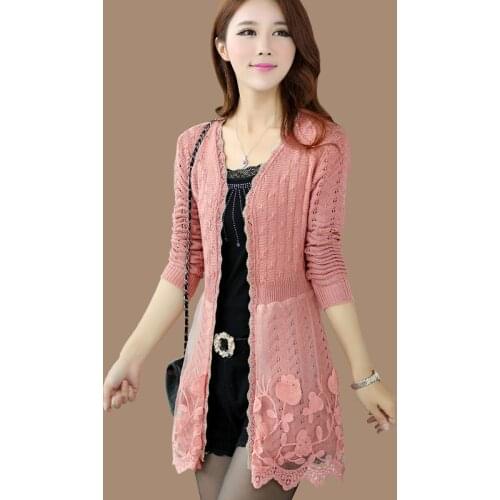 Women Knit Cardigan Sweater Casual Elegant Fashion Slim Solid Color Long sleeve Lace Long Cardigan Female Outwear Tops jacket