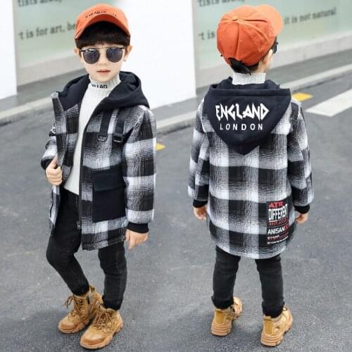 Boys winter plaid cotton jacket Boys long cold-resistant padded jacket Boys casual hooded cotton jacket Boy winter jacket