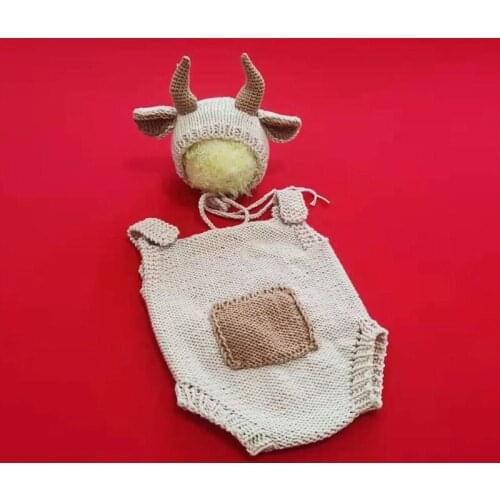 P31B 2 Pcs Baby Knitted Cow Ears Hat Romper Set Newborn Photography Props Cap Jumpsuit Kit Infants Photo Shooting Clothing