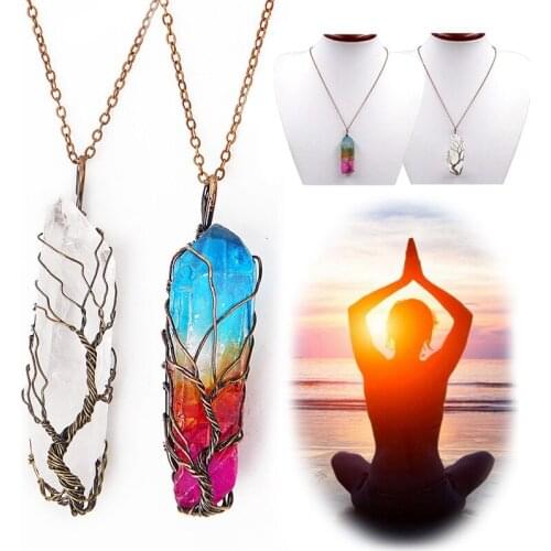 7 Chakra Rainbow Crystal Natural Stone Copper Wire Pendant Necklace for Women Men Long Chain Tree of Life Statement Jewelry Gift