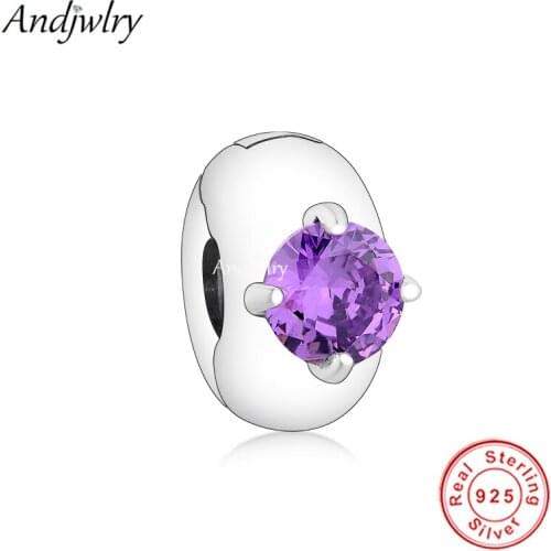 925 Sterling Silver Purple Round Solitaire Clip Charm Fit Original Pandora Charm Bracelet Pendant Silver 925 Jewelry Berloque